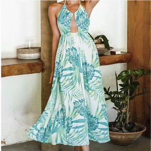 Michele Tropical Plants Cut-Out Front Halter Dress - XL